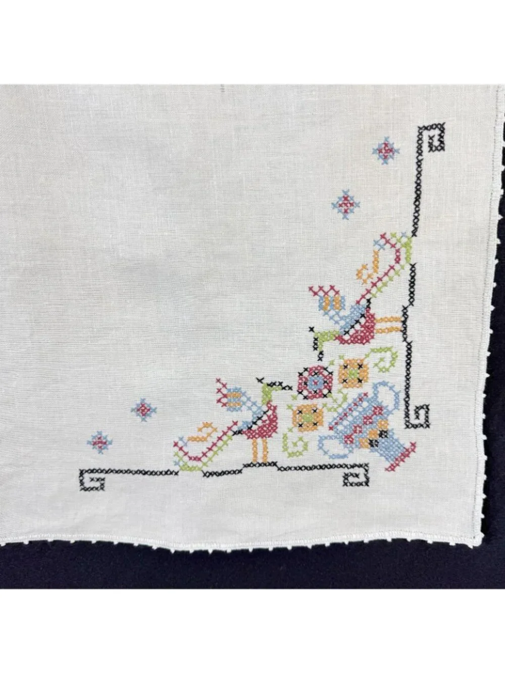 Embroidered Tablecloth Cross Stitch Design Flowers Birds Square Vintage 1950s